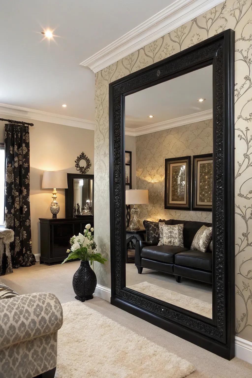 Mirrors reflect light and expand the space in an ebony and ivory living area.