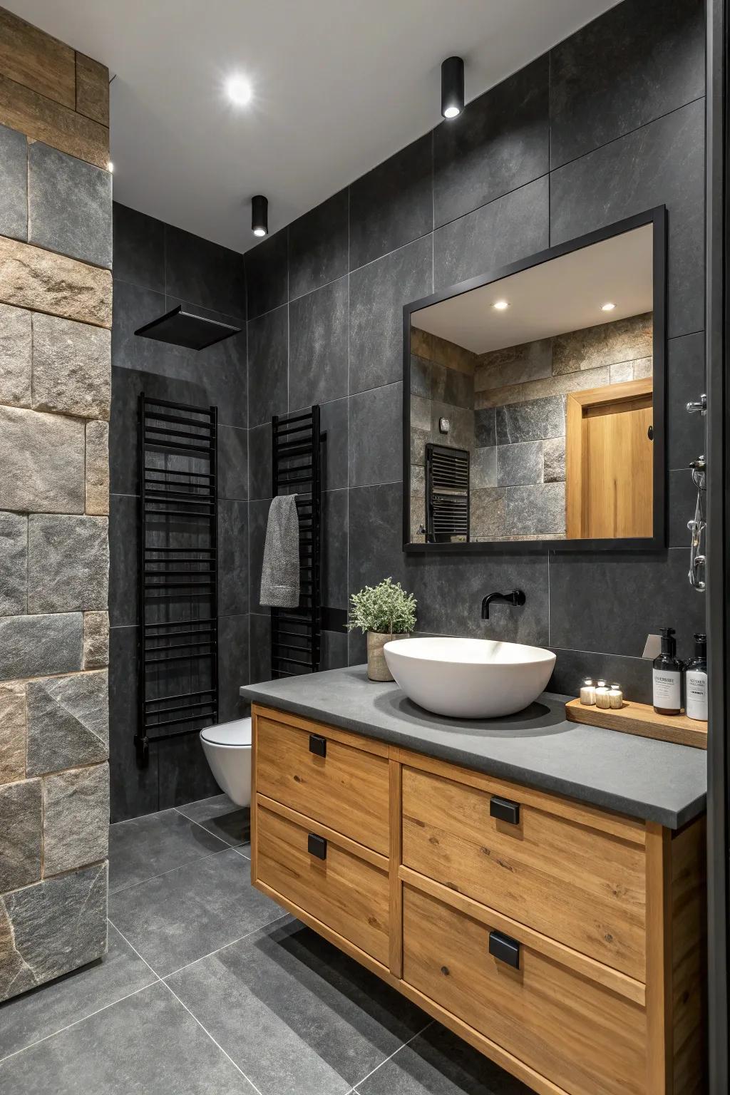A bathroom incorporating unaltered components for an inviting and warm atmosphere.