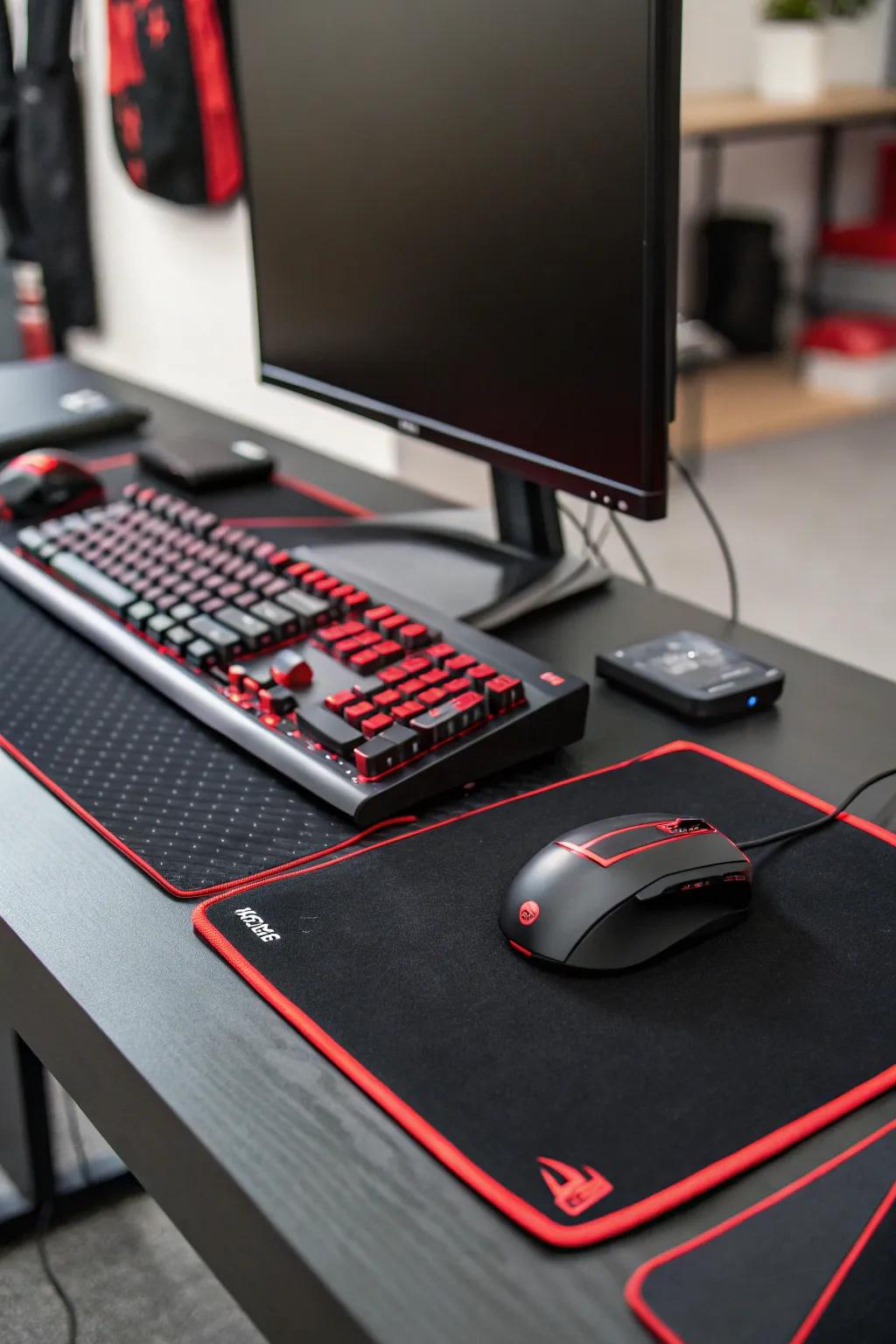 A black gaming desk with scarlet highlights functions as the visual anchor of the setup.