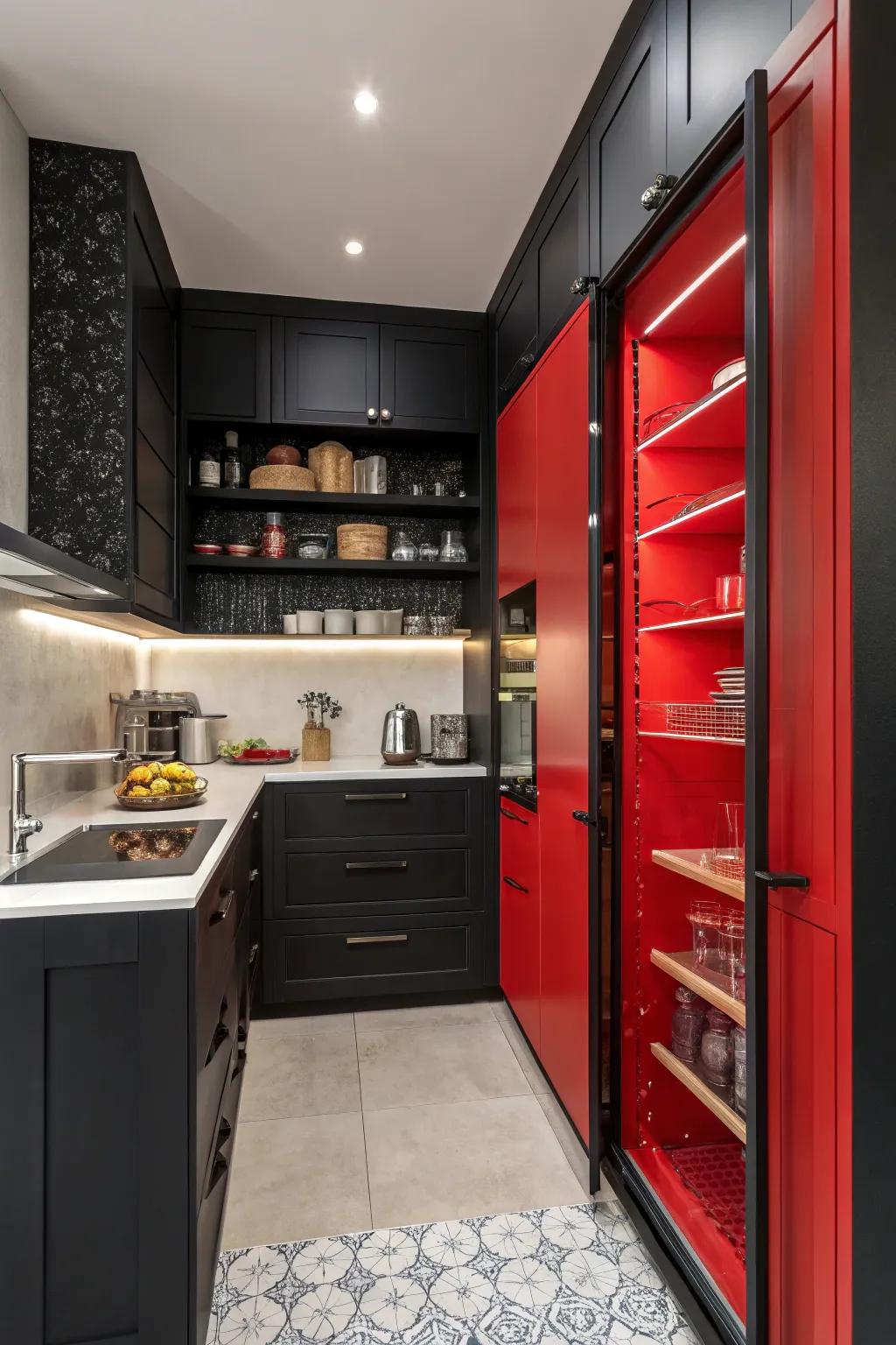 A audacious scarlet storeroom interior contributes a surprising constituent to the culinary space.