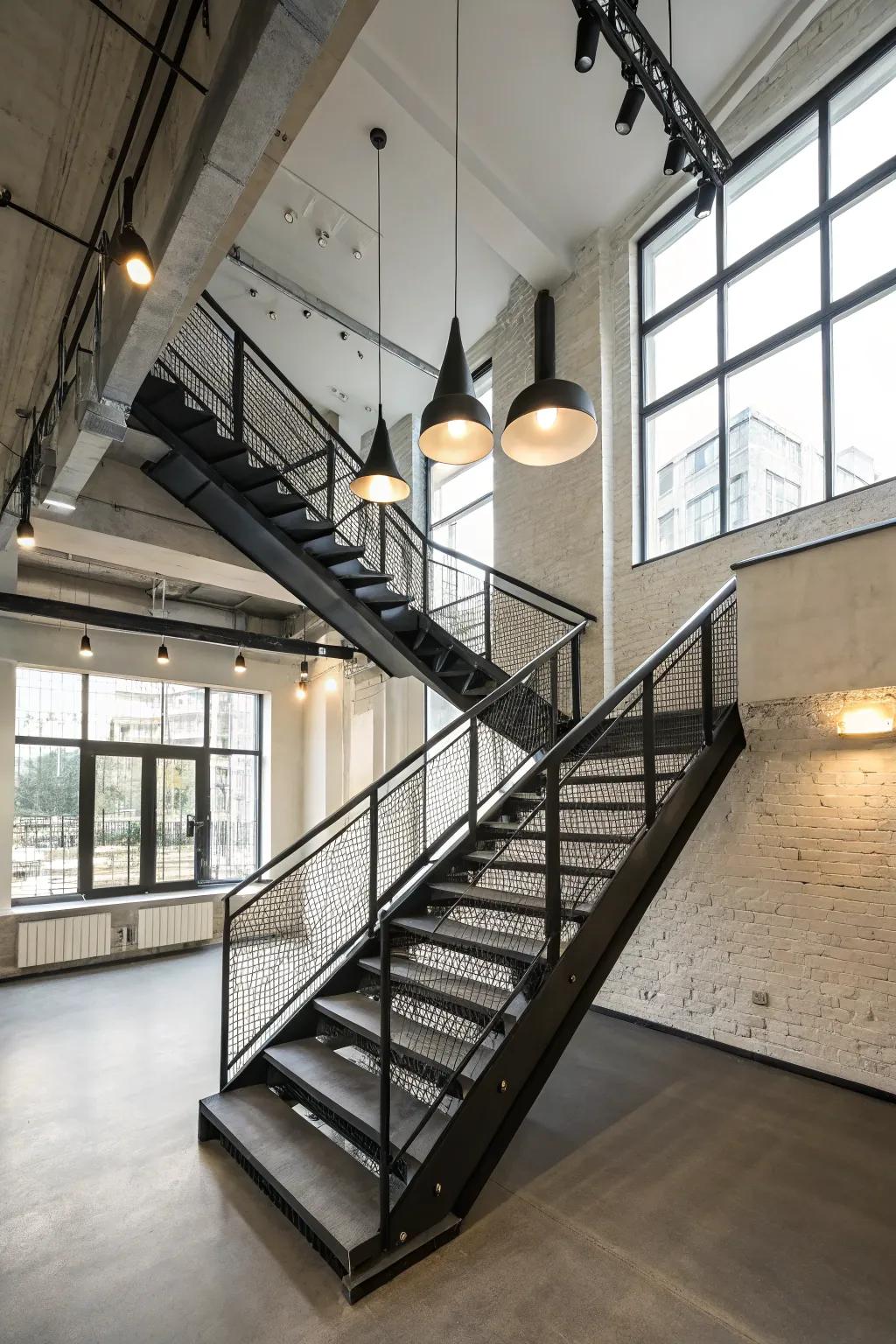 An urban refined staircase mixes black and white with metal and cement.
