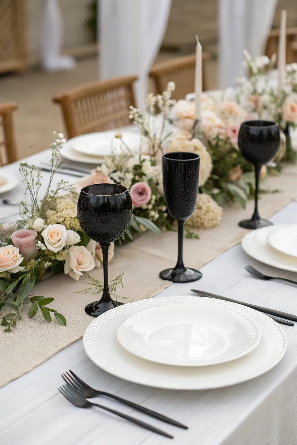 Black glassware adds a sophisticated touch to the wedding tablescape.