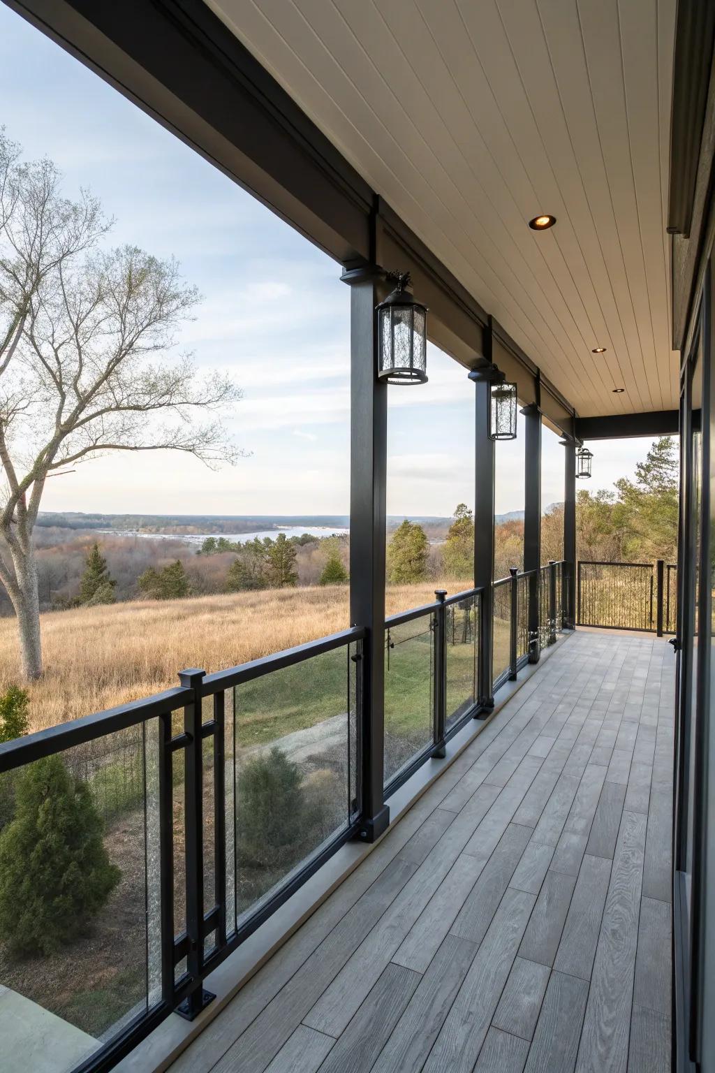 Glass panels with black railings provide clear views and modern design.