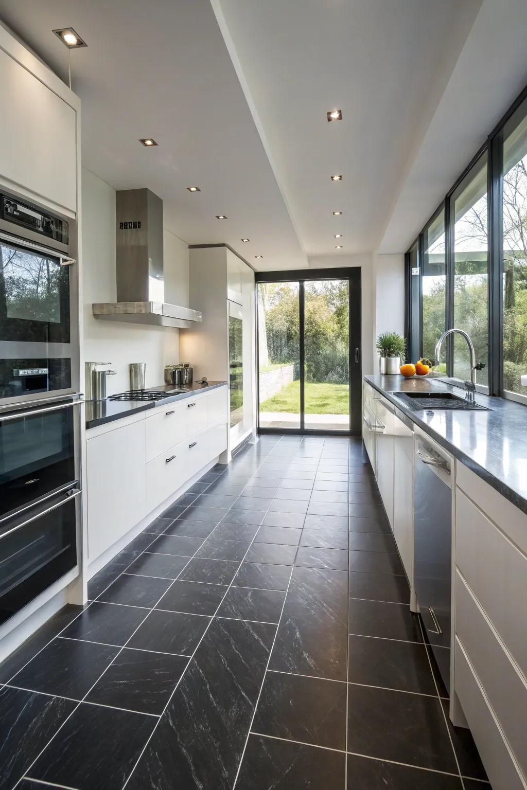 A kitchen showcasing the practicality and beauty of dark porcelain floor tiles.