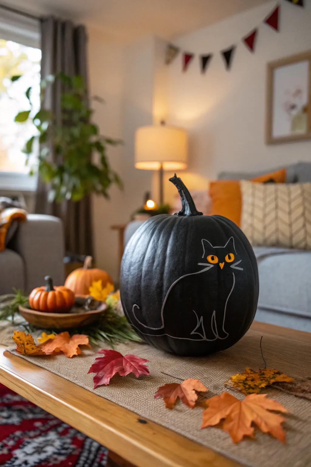 An ebony gourd featuring a feline design, introducing a playful inflection to Hallows' Eve ornamentation.