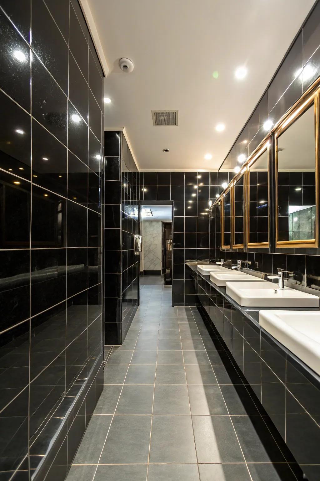 Polished dark squares enhance light reflection, incorporating depth to the space.