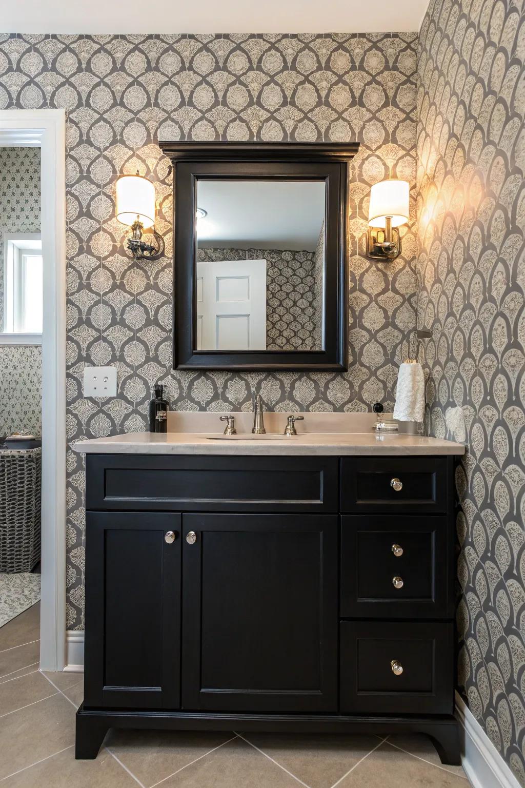 Designed wallpaper brings a playful and tailored element to a dark washstand bathroom.