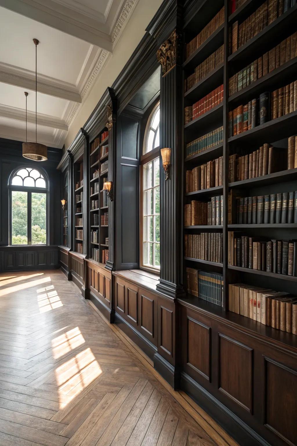 Library with contrasting textures and dark-toned wood panels.