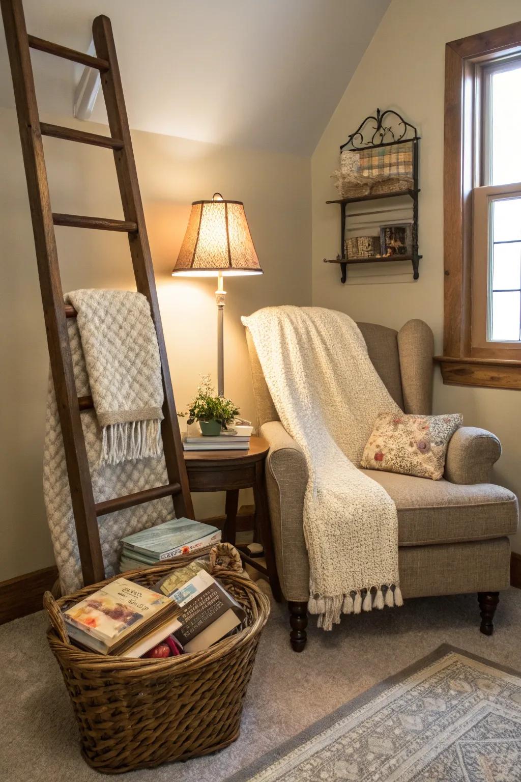 Display stairs for throws improve a comfy reading corner.