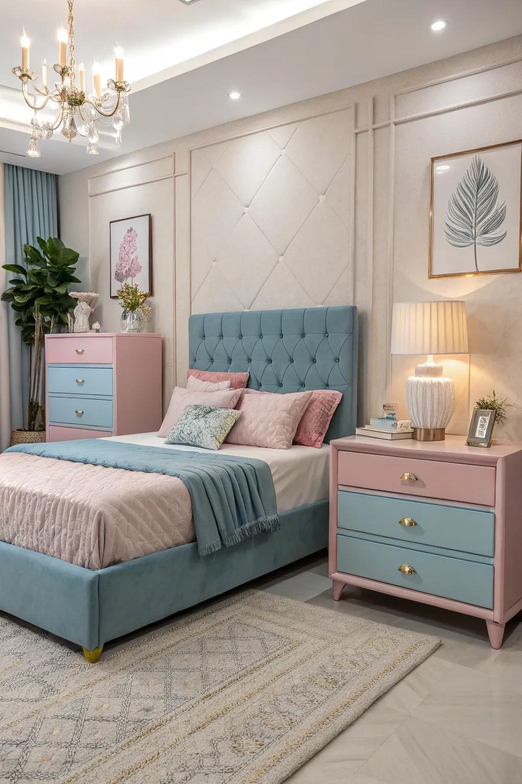 Two-toned furnishings elegantly merge blue and rose hues.