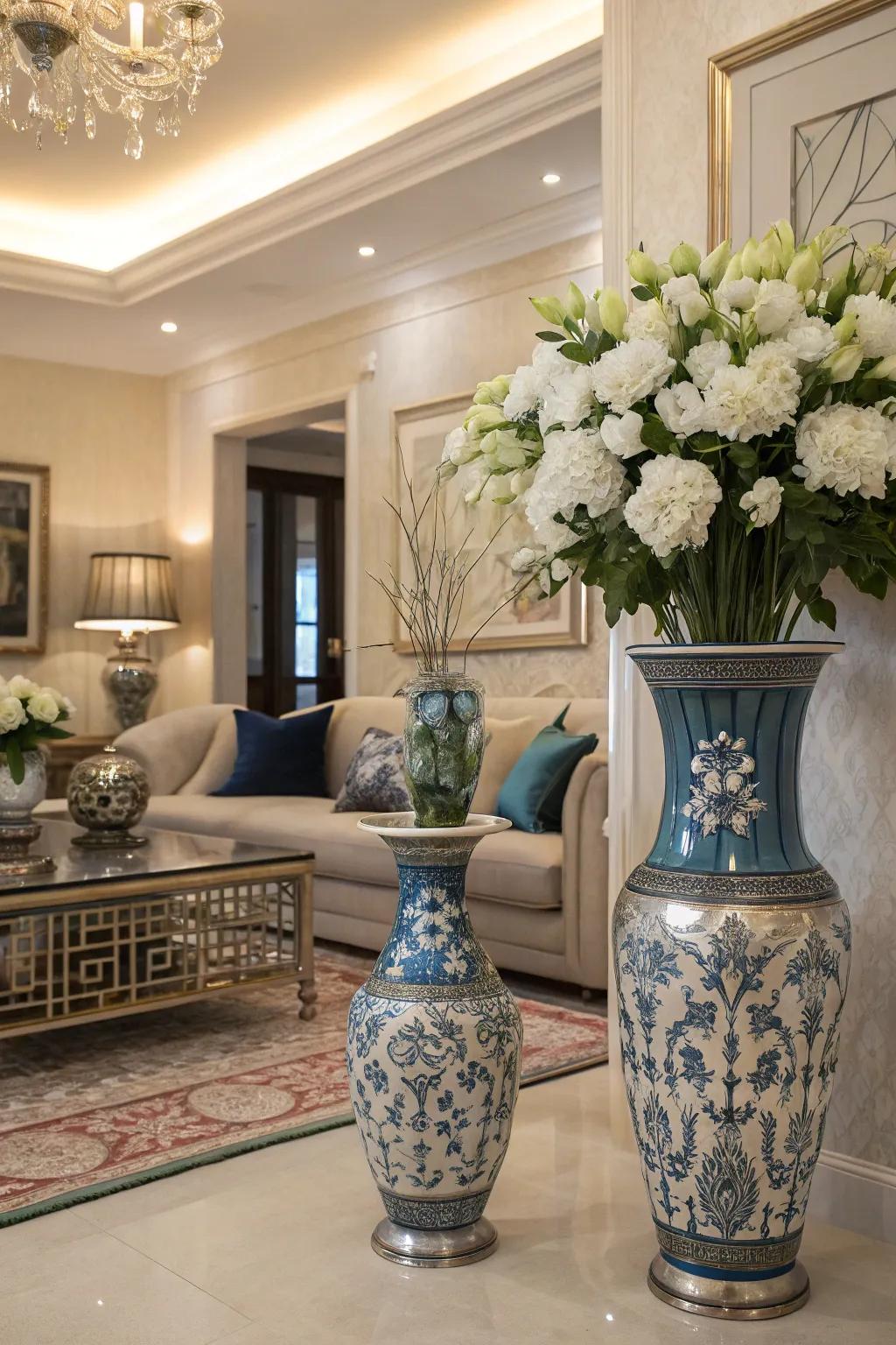 Blue and silver jars filled with fresh flowers bring elegance to this living room.
