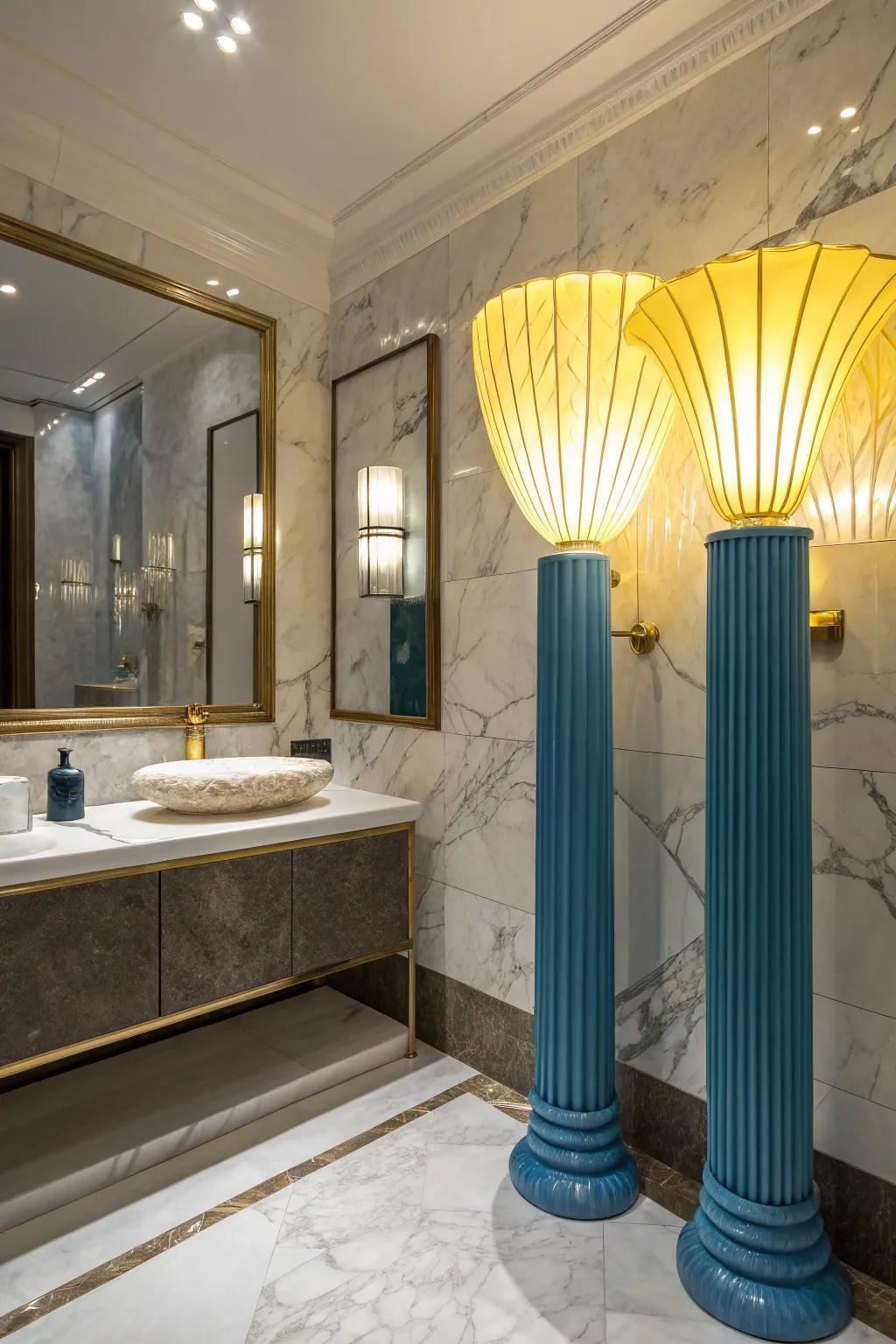 Sculptural light fixtures add sophistication and highlight the colors in the bathroom.