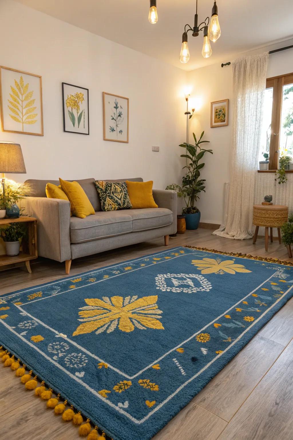 A showcase floor covering in cerulean with golden details grounding the living room.
