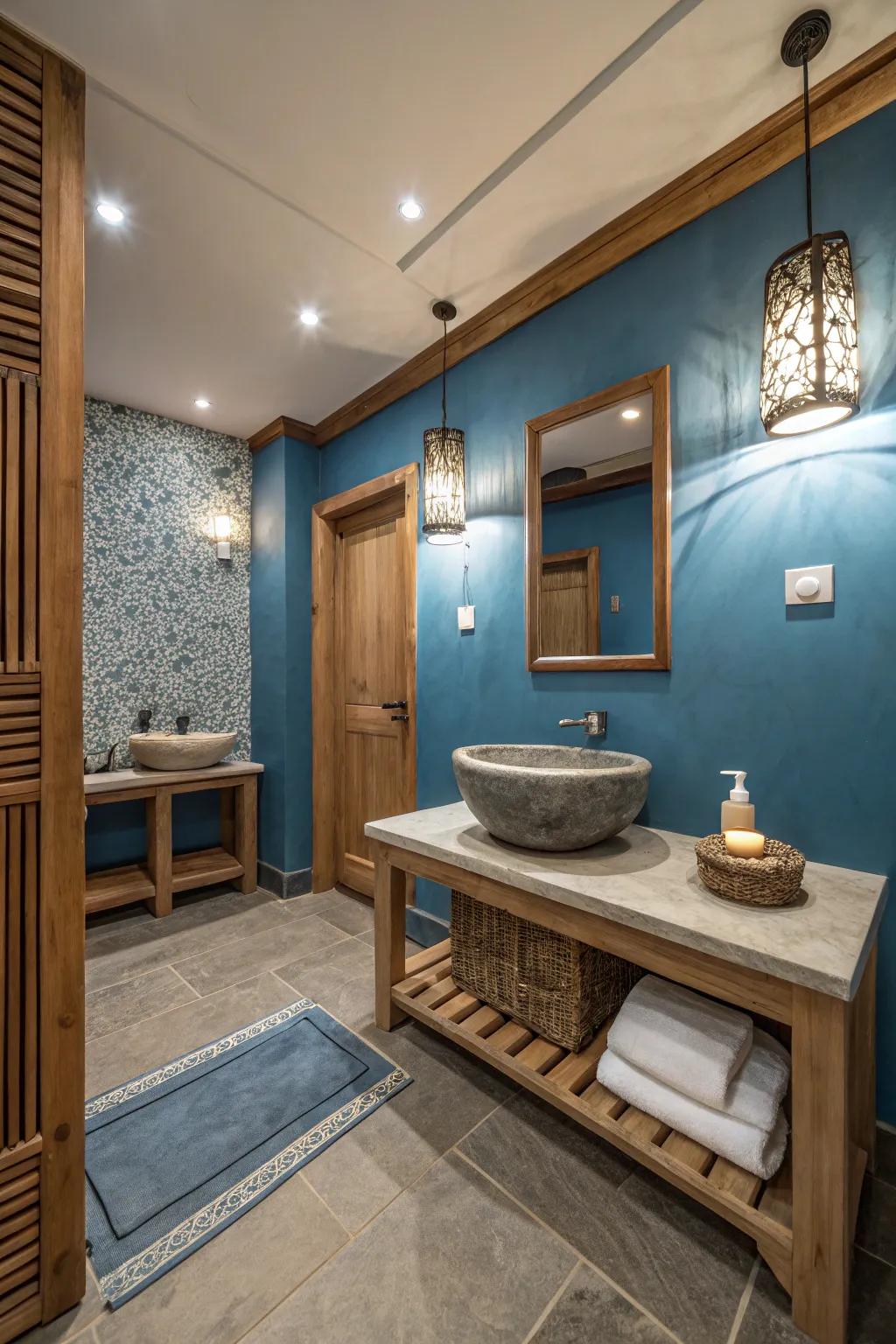 A spa-like bathroom featuring tranquil blue tones and natural elements.