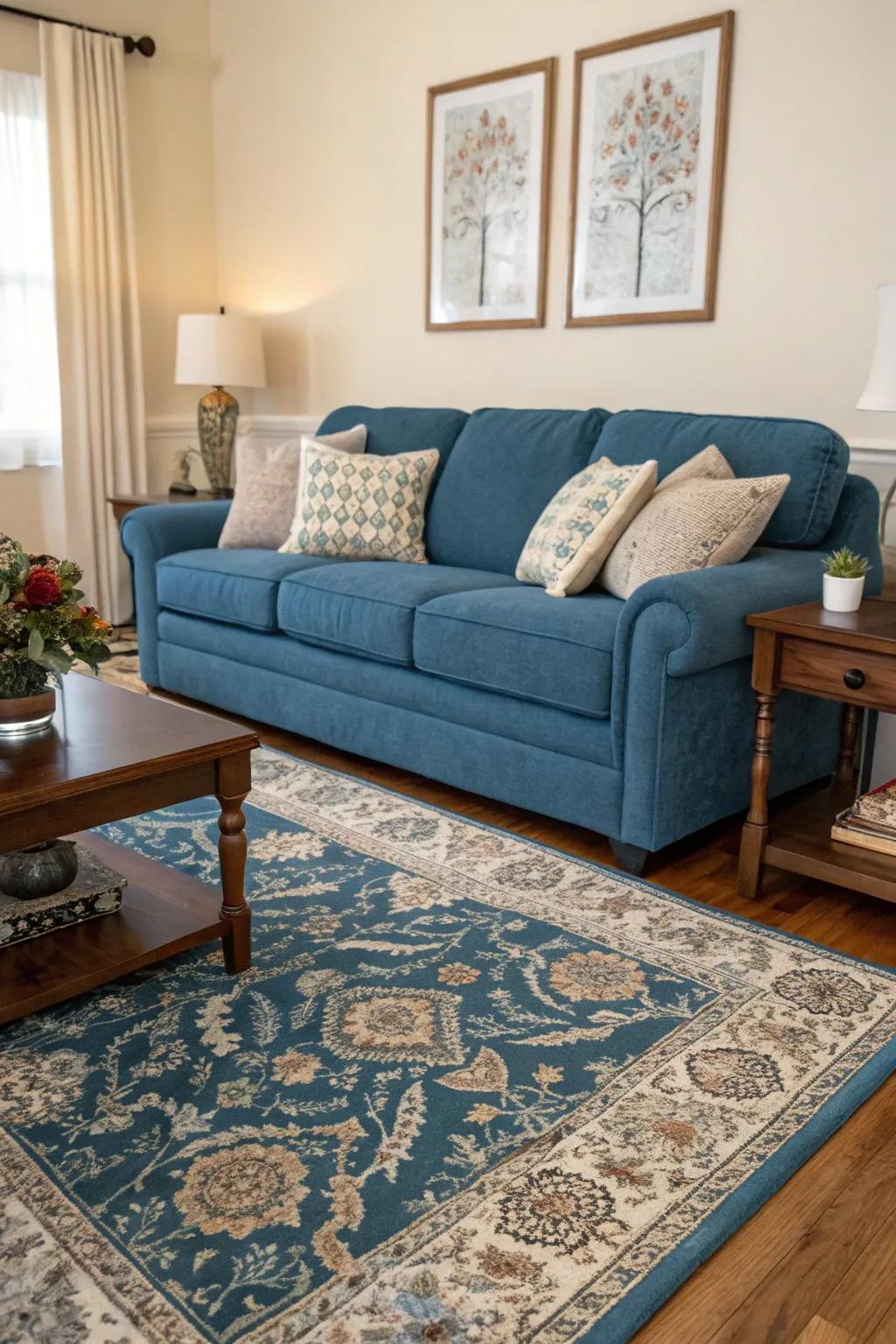 A coordinating floor covering introduces warmth and cohesion to a cerulean settee arrangement.