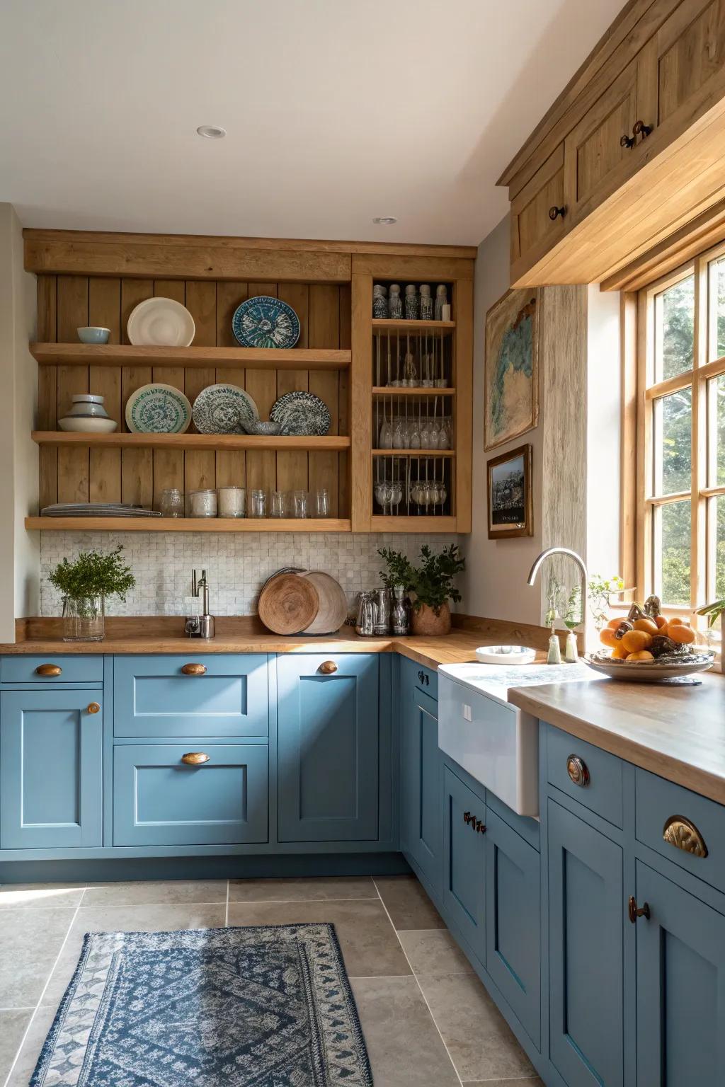 Azure cabinetry paired with open shelving provide both practicality and stylish display space.