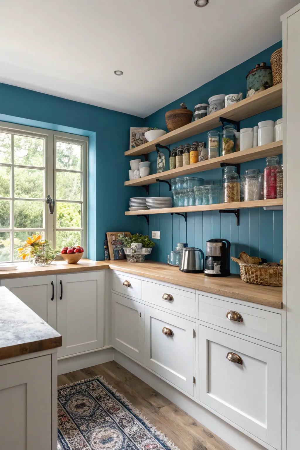 An azure feature wall becomes a focal point in this kitchen.