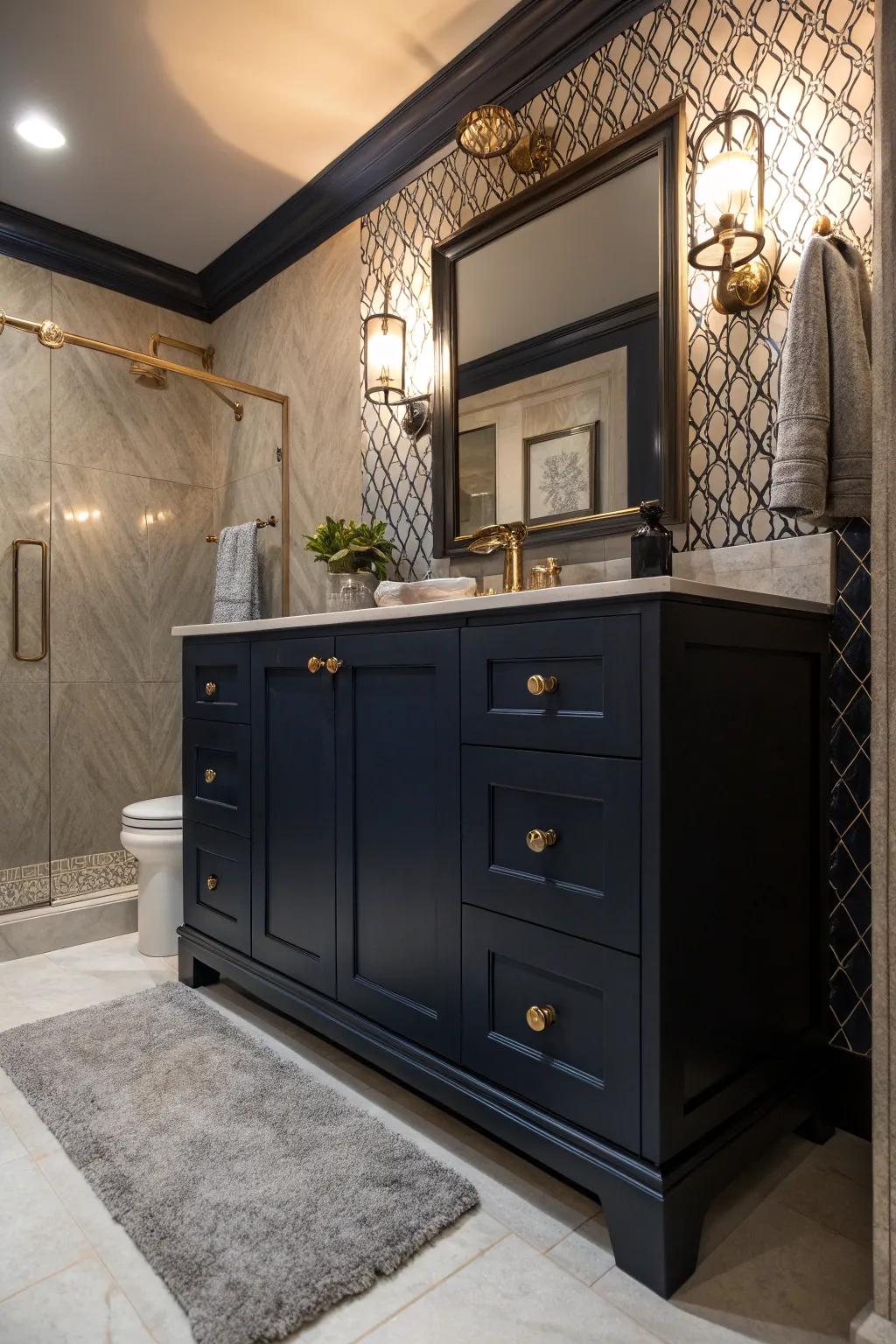 The synergy of deep navy and dramatic lighting crafts an opulent, moody ambiance.