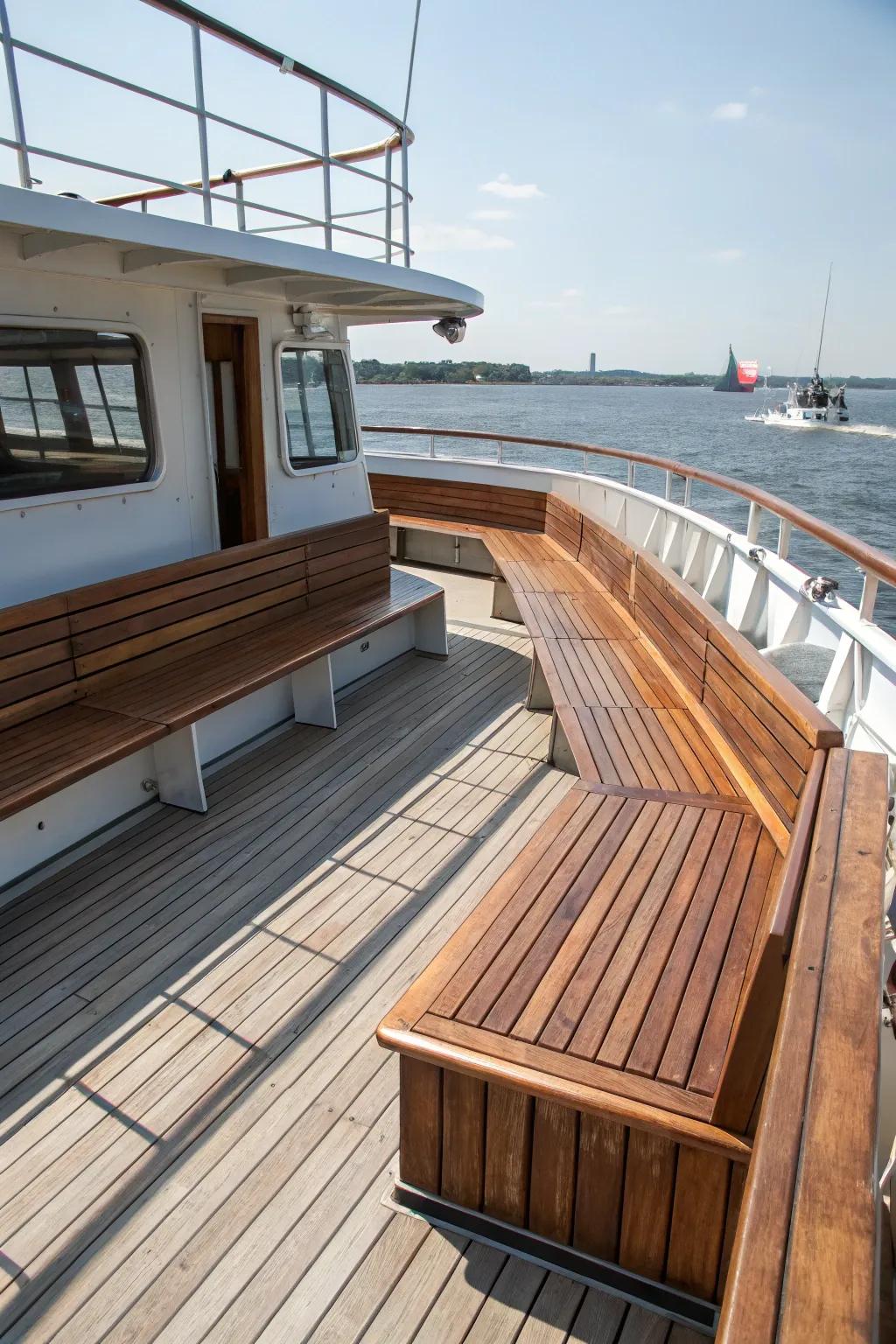 Wraparound benches with stowage on a boat deck.