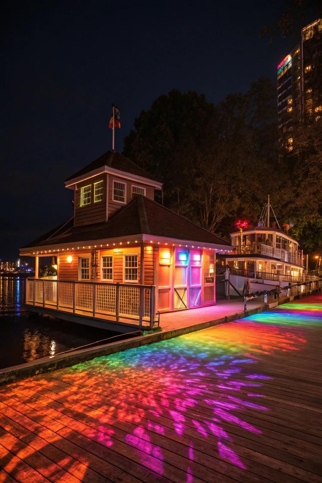 Chromatic LED lamps infuse persona and animated motifs into the boat house.