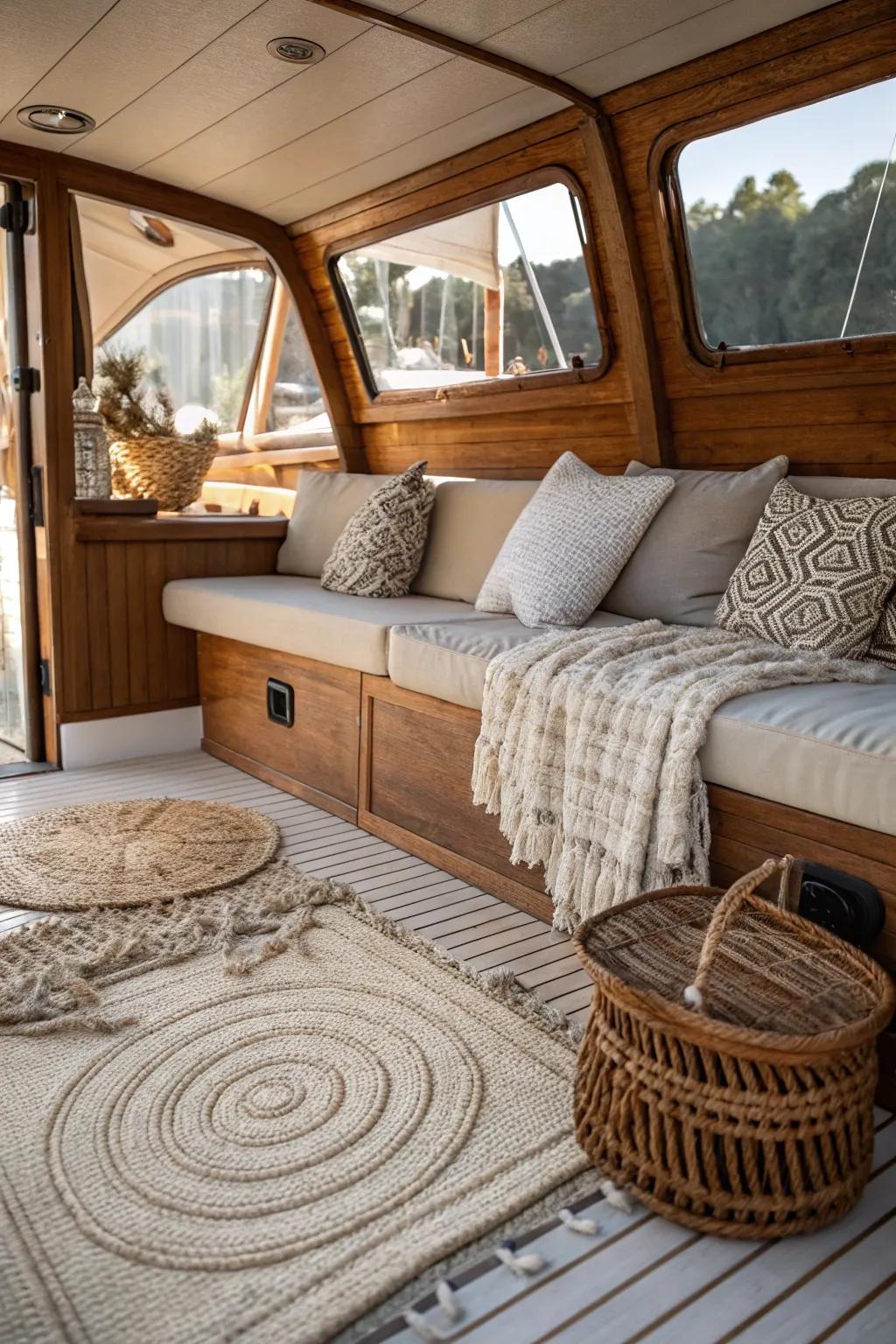 Natural fabrics contribute warmth and dimension to the boat interior.