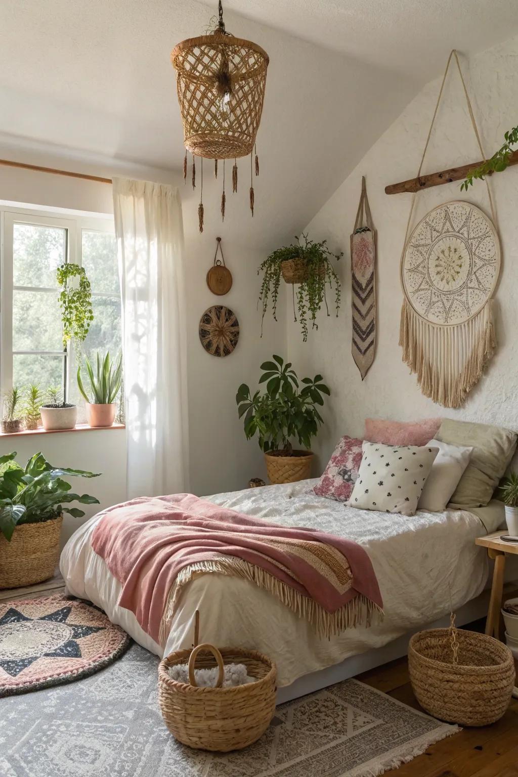 Hanging decor contributes vertical interest to boho bedrooms.