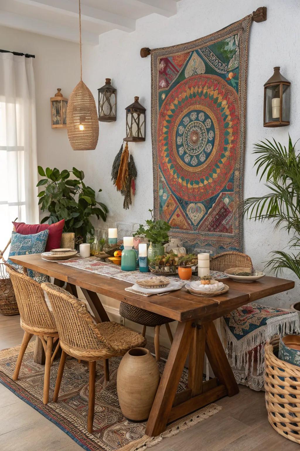 International accents cultivating a worldly ambiance within a boho dining space.