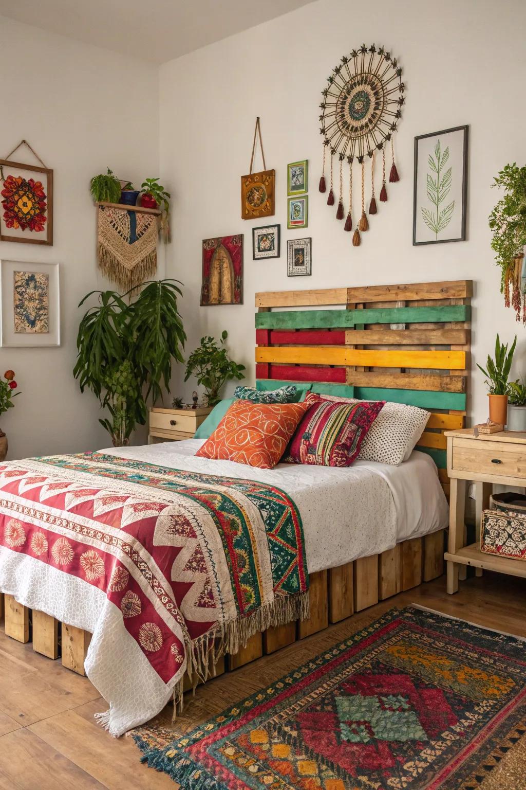 A painted pallet becomes a bold and artistic headboard.