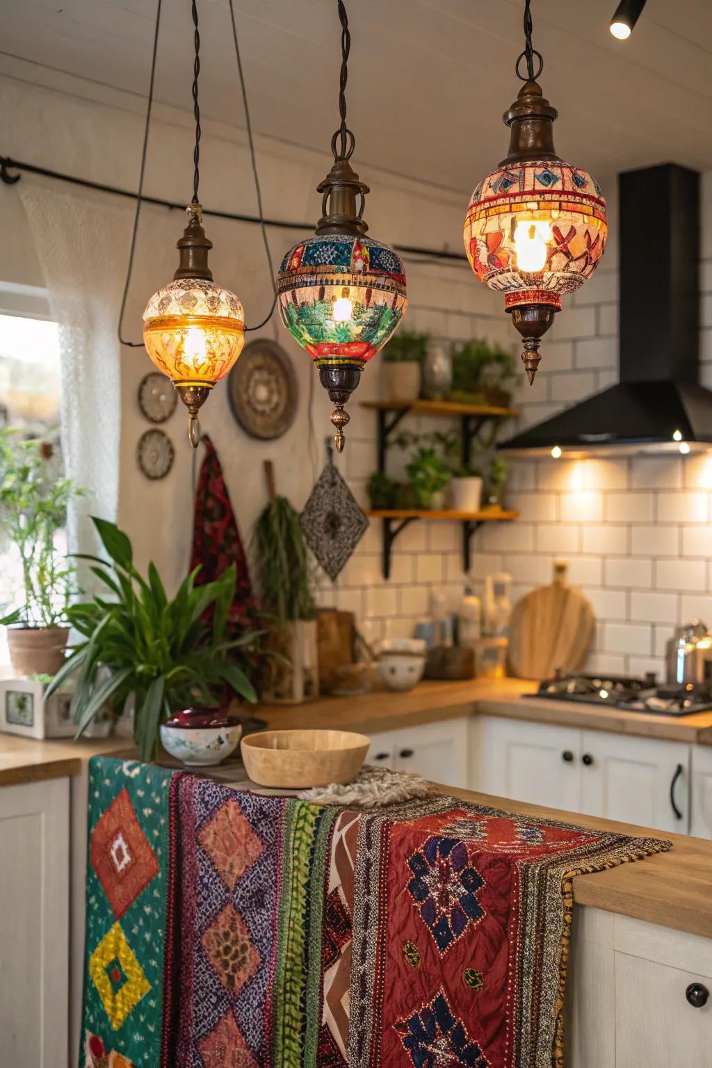 Colored crystal pendants bring vibrant character to this boho kitchen.