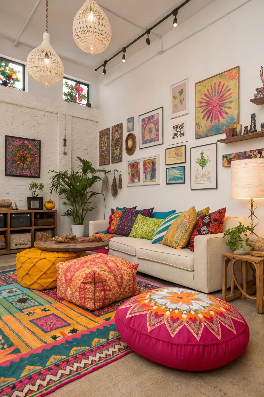 Vibrant emphasizing hues energize your boho loft decor.
