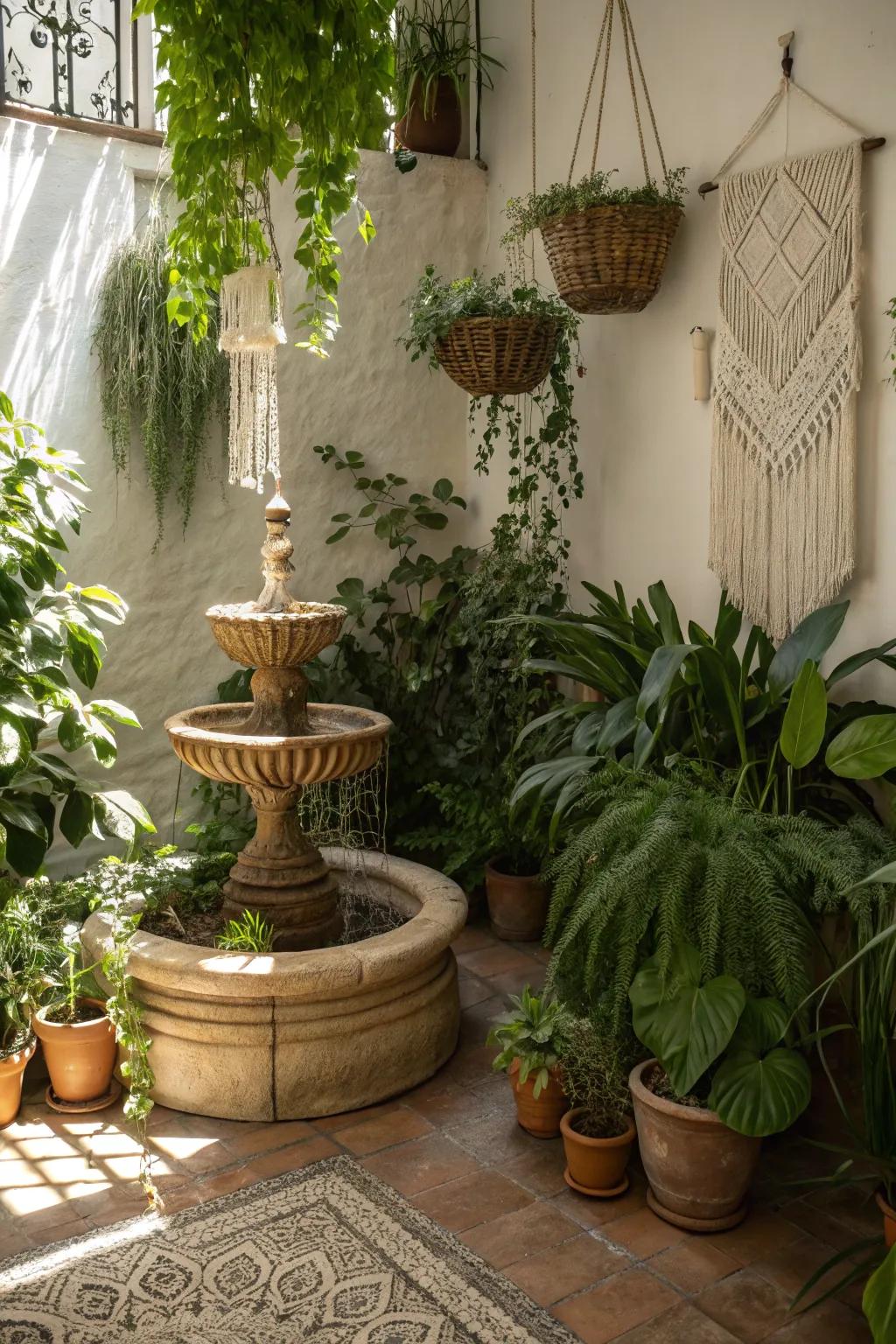 An aqueous accent introduces tranquility to the bohemian plant space.