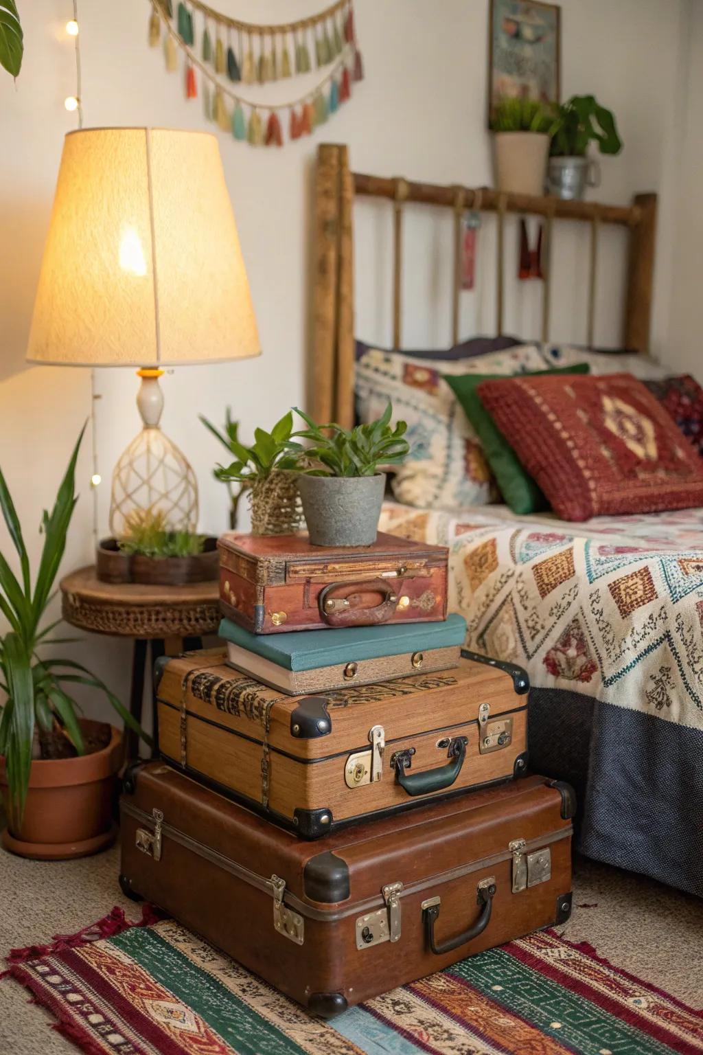 Antique suitcases inject charm and useful storage.