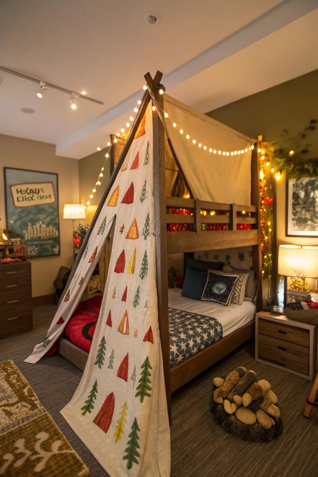 Relive the joys of camping with this campfire-themed bed.