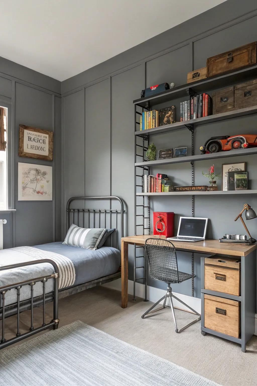 Modern edge with industrial slate tones.