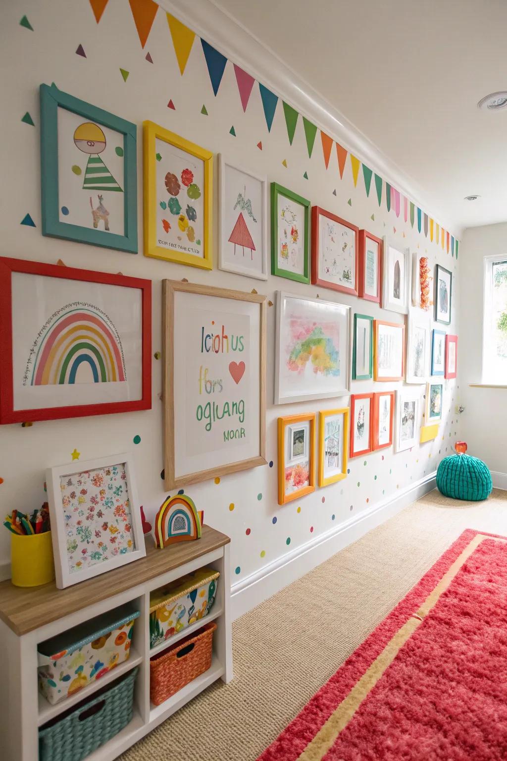 A gallery wall displaying children's artwork to encourage pride and innovation.