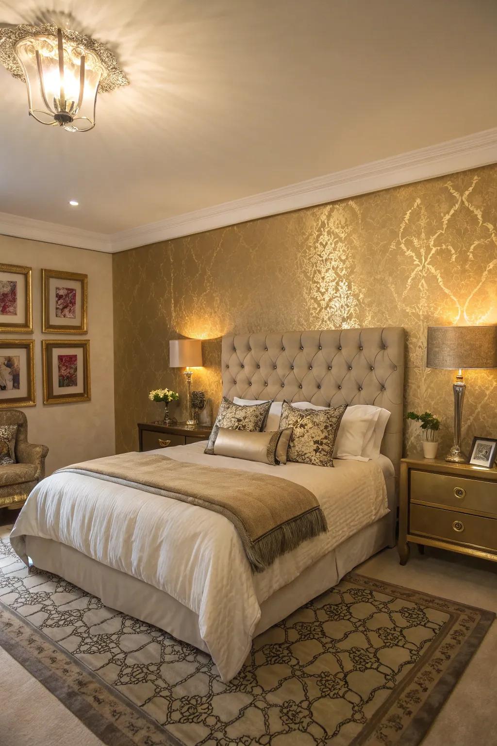 A golden highlighted wall includes glamour and style.