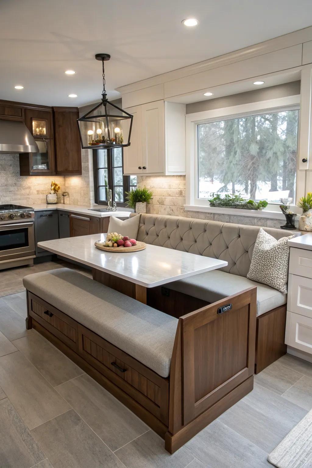 Convertible banquette seating for versatile kitchen use.
