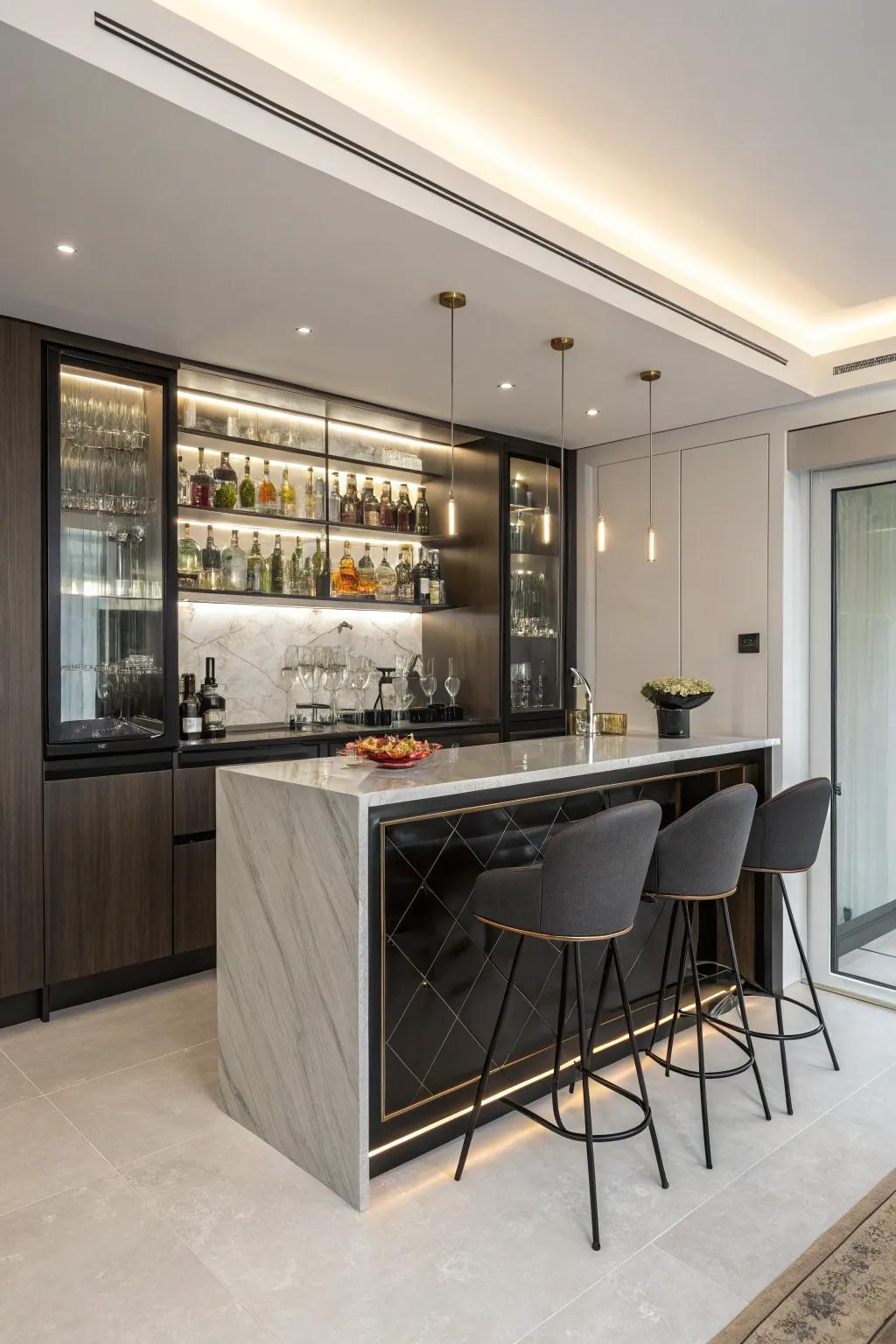 A concealed bar wows and surprises with its elegant, hidden design.