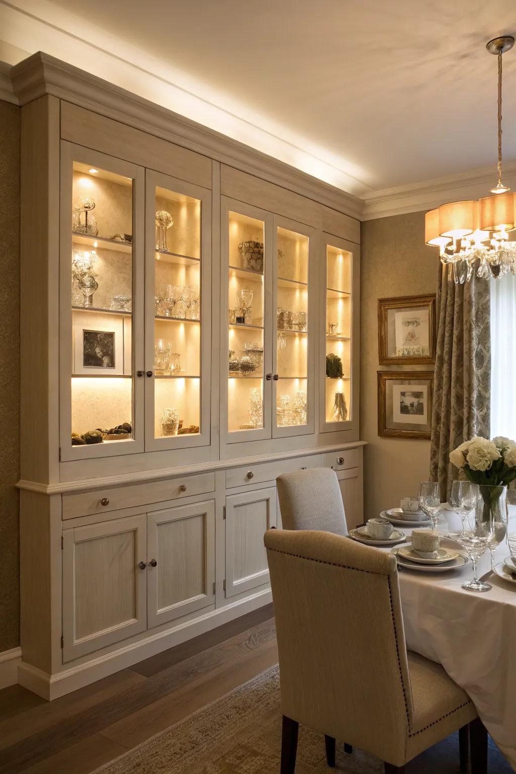 A dining area with a warm ambiance created by integrated lighting in the cabinets.