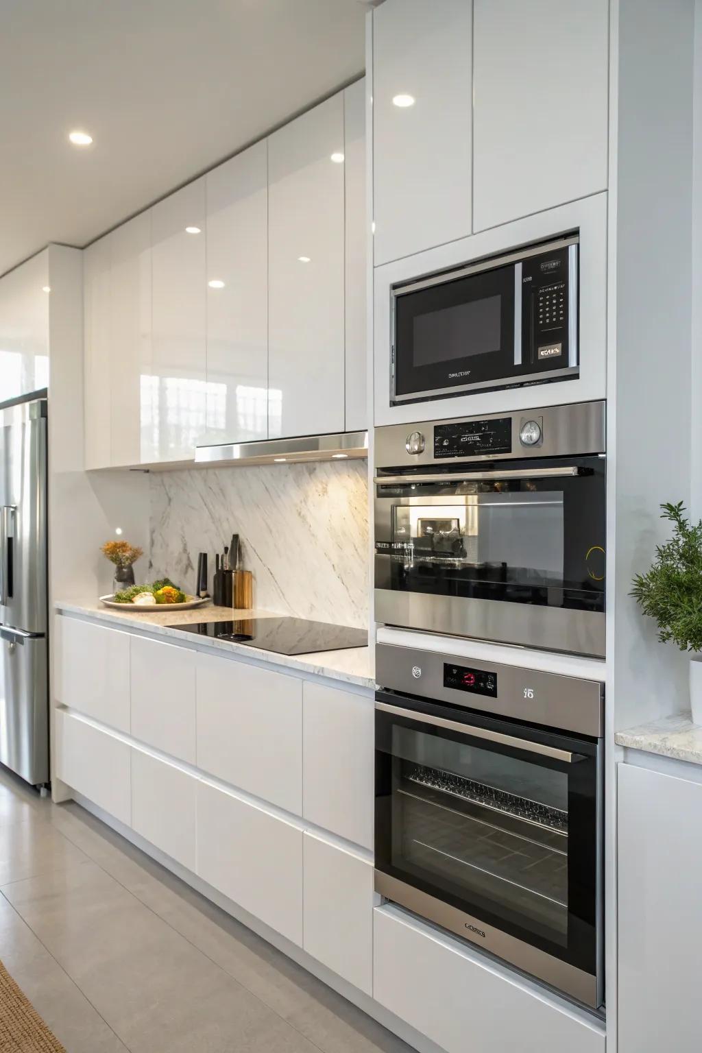 Modern kitchen with a microwave stacked over a wall oven, creating a unified cooking zone.