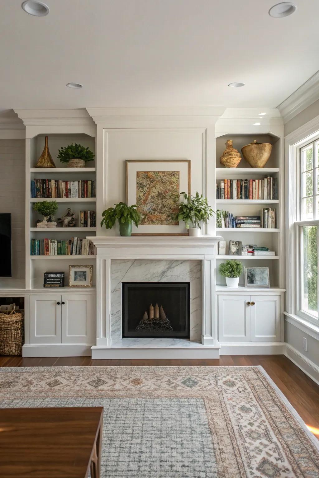 Symmetrical built-in shelves provide a stable and well-balanced appearance.