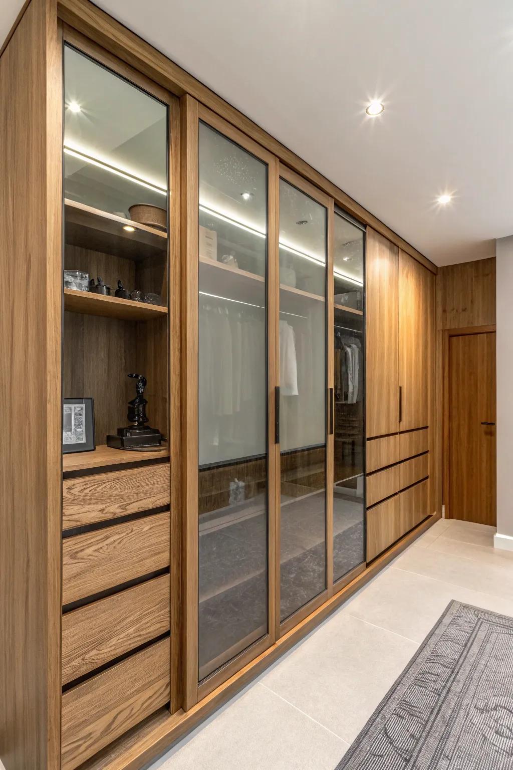 The fusion of diverse materials in wardrobes cultivates a visually arresting composition.