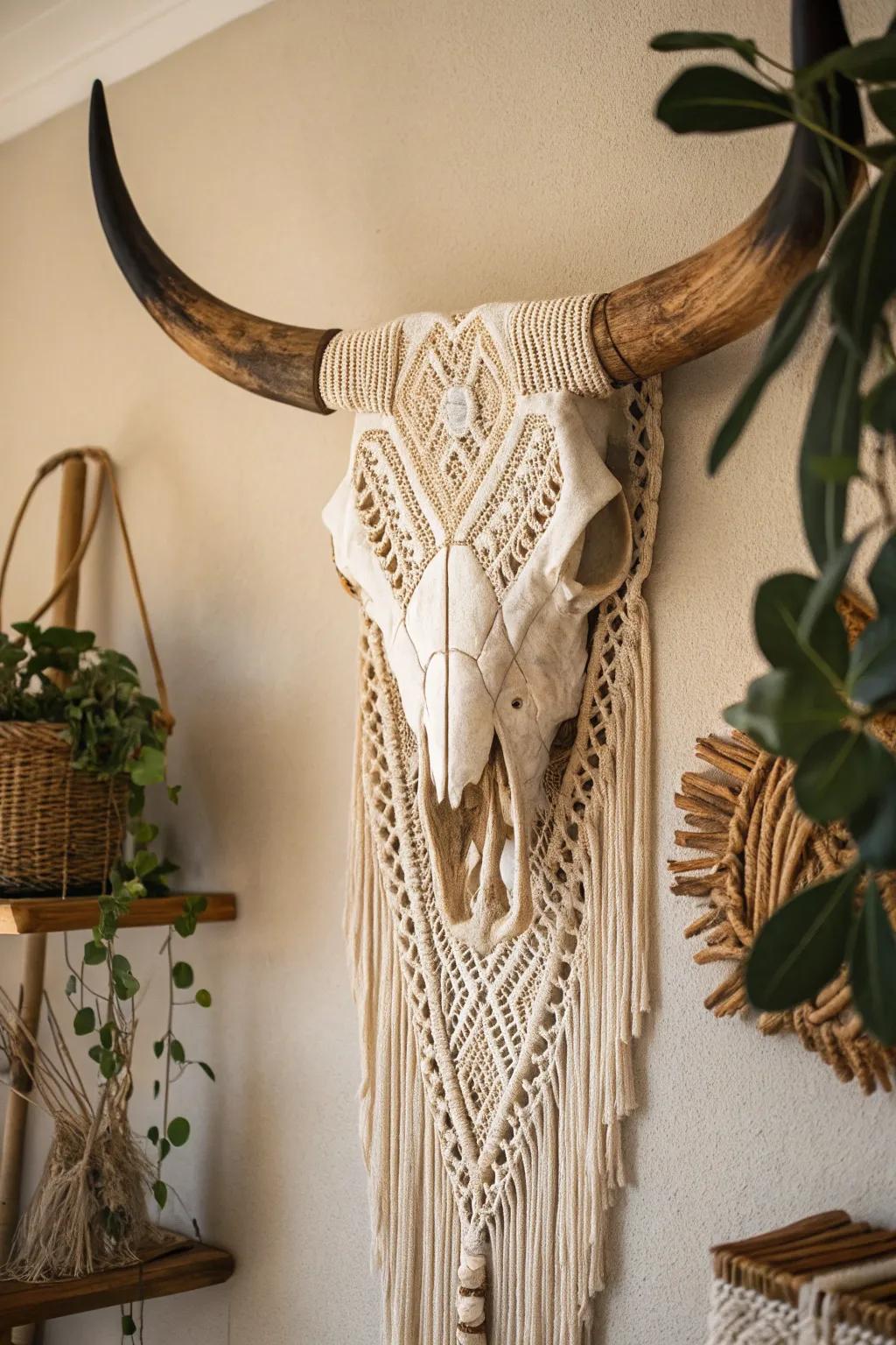 Free-spirited surface with macramé and a cattle skull.