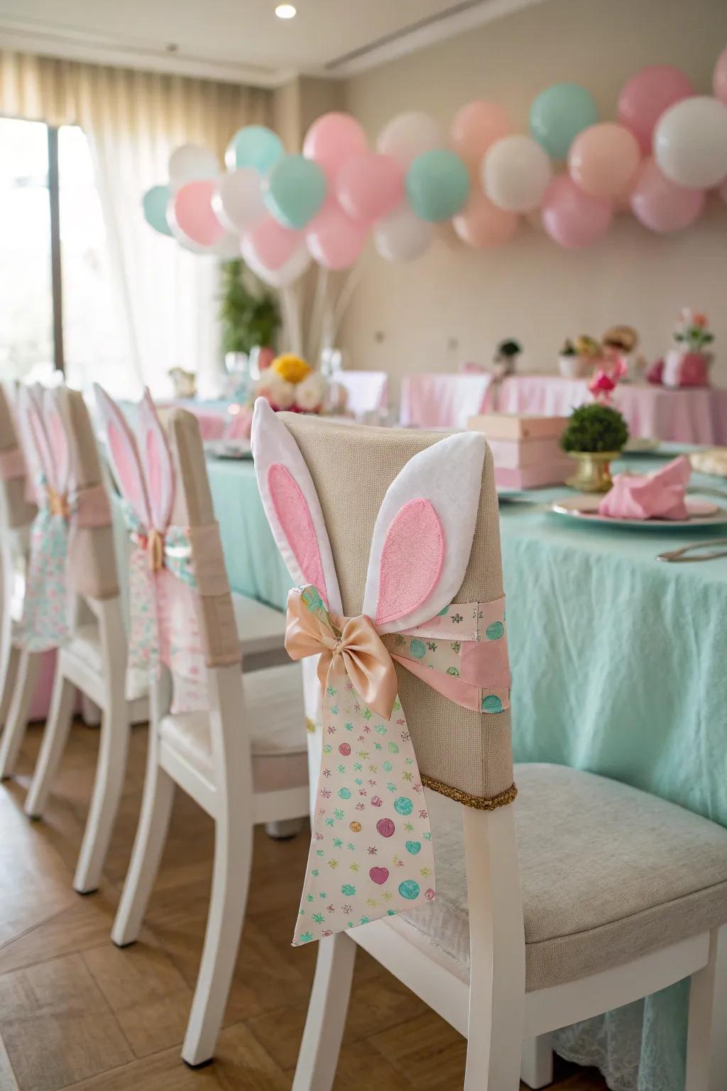 Playful bunny-auricled chairs introduce whimsy to the seating arrangement.