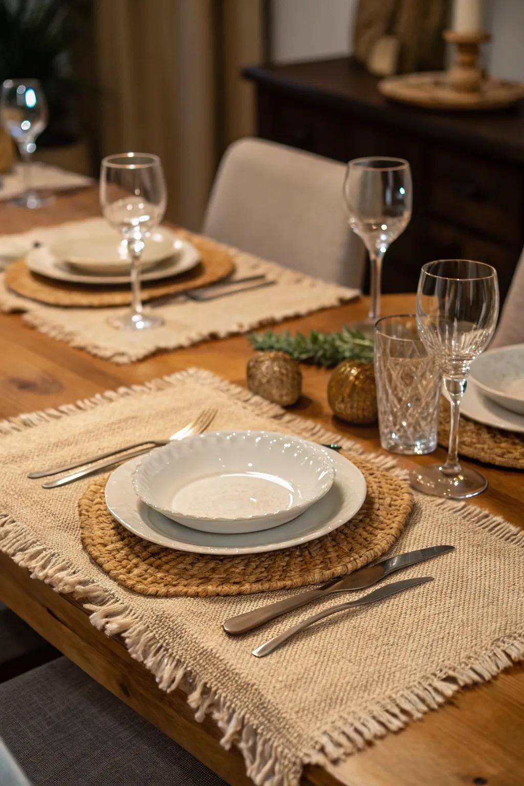 Hessian liners furnish a countryside dining sensation.