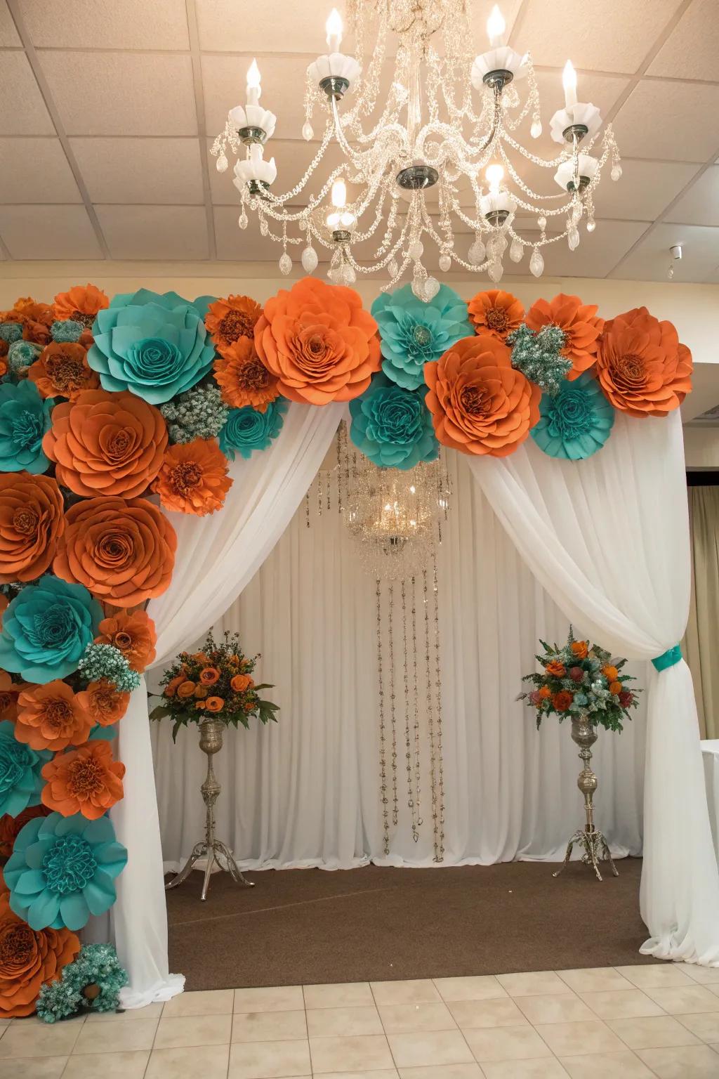 A playful photo backdrop with sunset and ocean-hued blossoms.