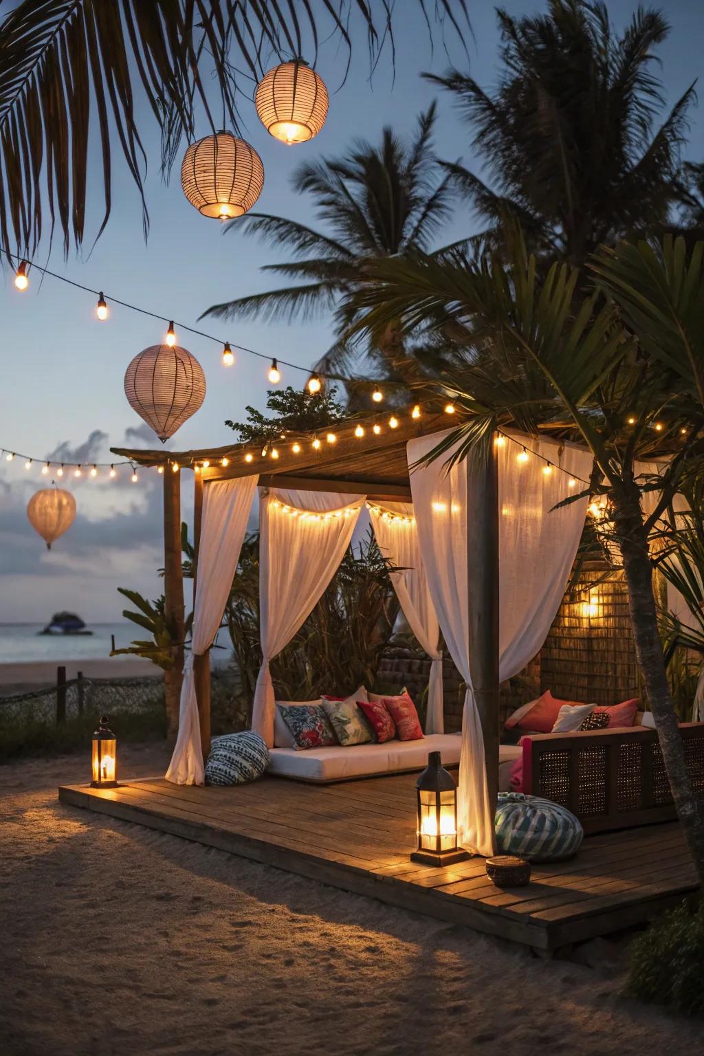 Enchanting cabana featuring ornamental illumination for ambiance.