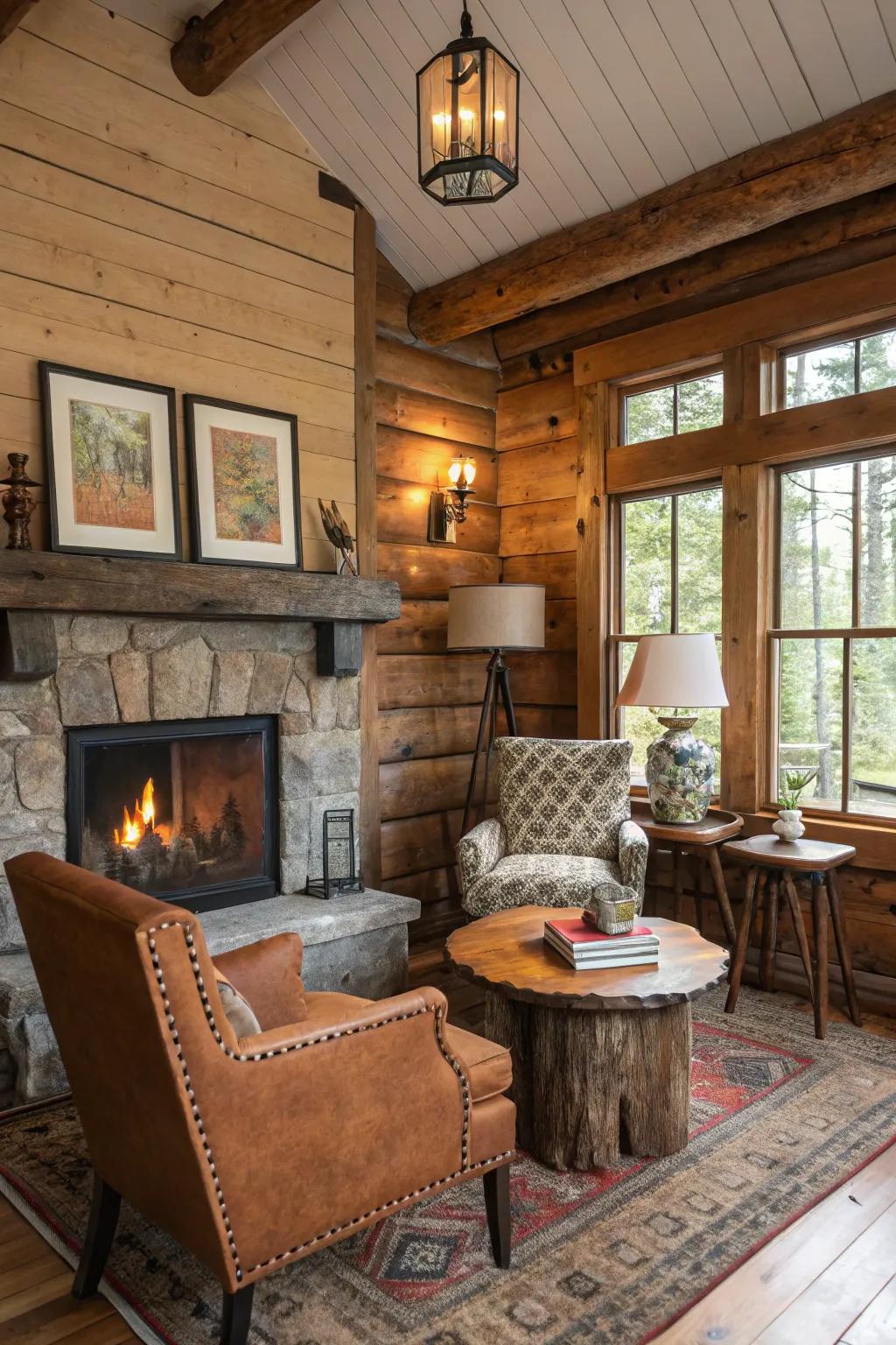Vintage finds enhance the interior of the cabin by introducing character and an element of history.