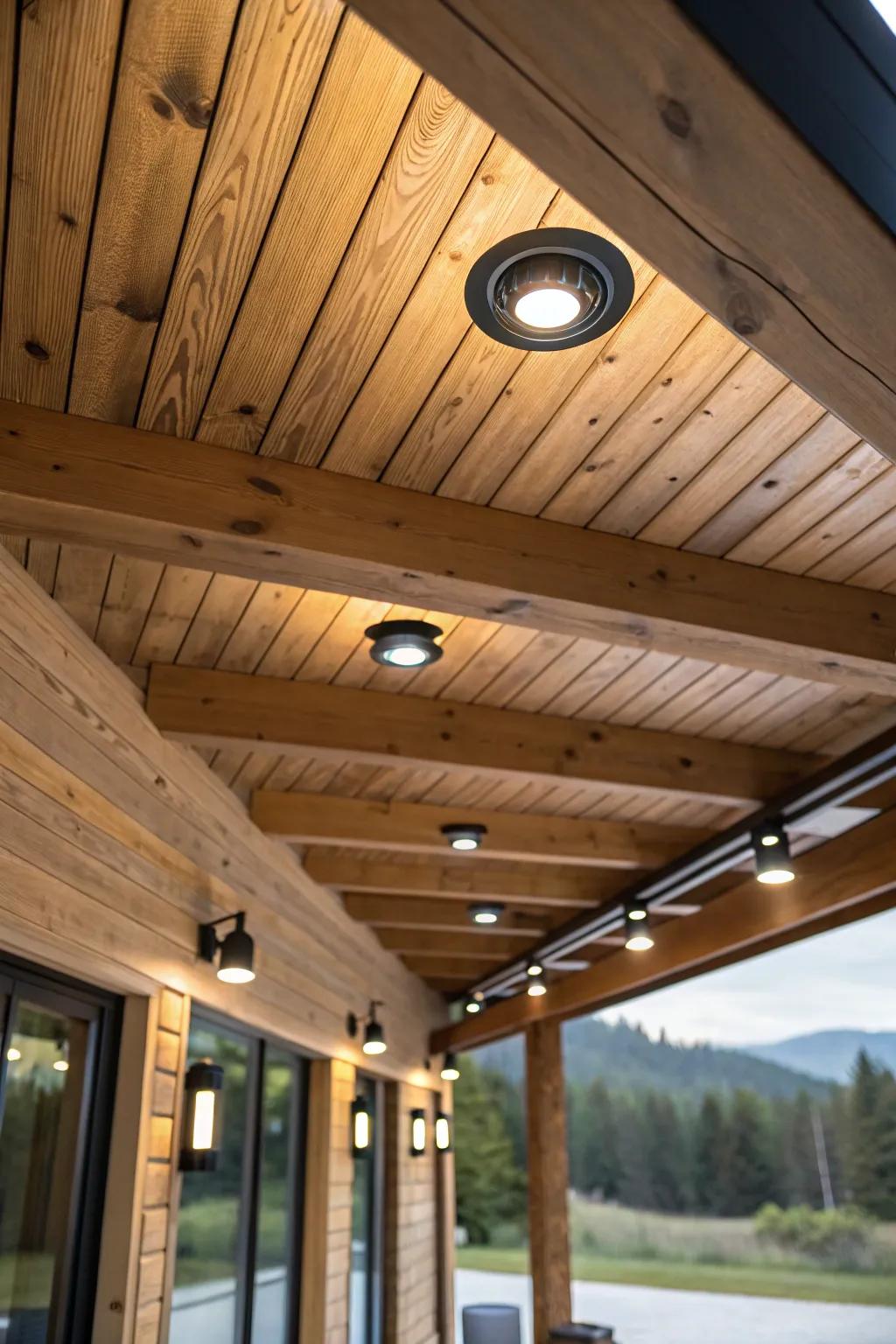 Inset lighting creating a sleek look in a cabin ceiling.