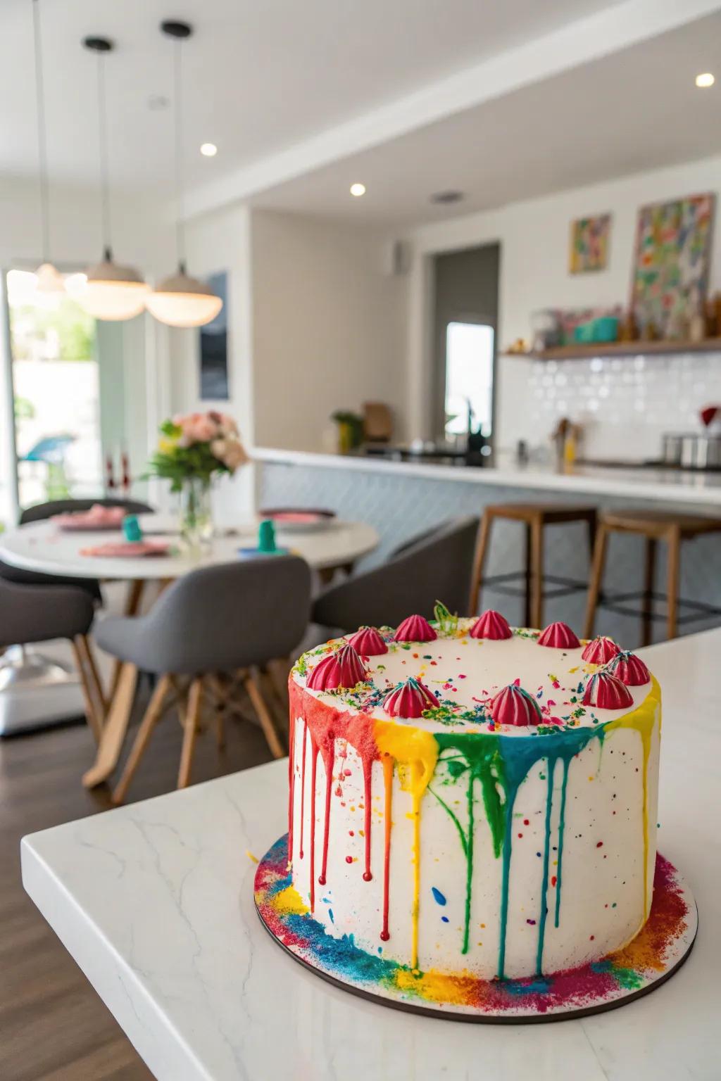 Modern and fun edible paint burst on a buttercream dessert